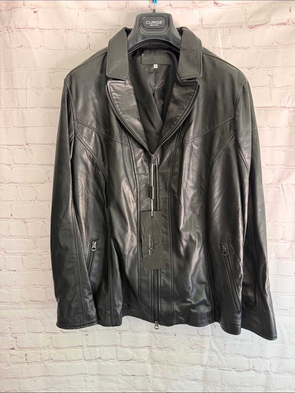 Italian Black Leather Zip-Front Bomber Jacket by CURGÉ EU Size 56 US 3XL